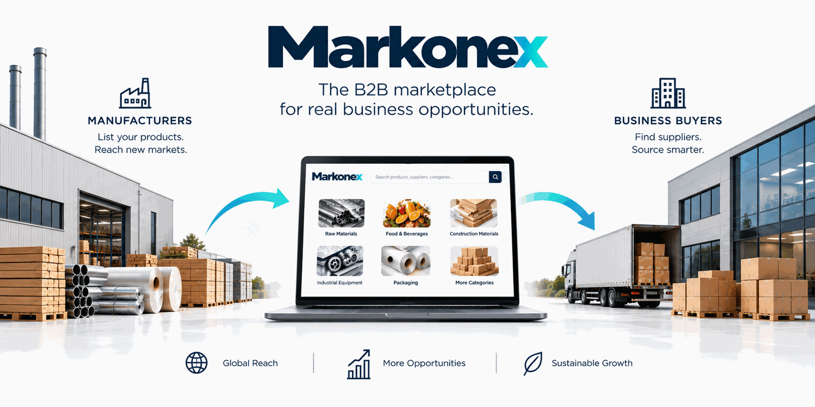 Markonex illustration: manufacturers list their products and business buyers find suppliers through the B2B platform