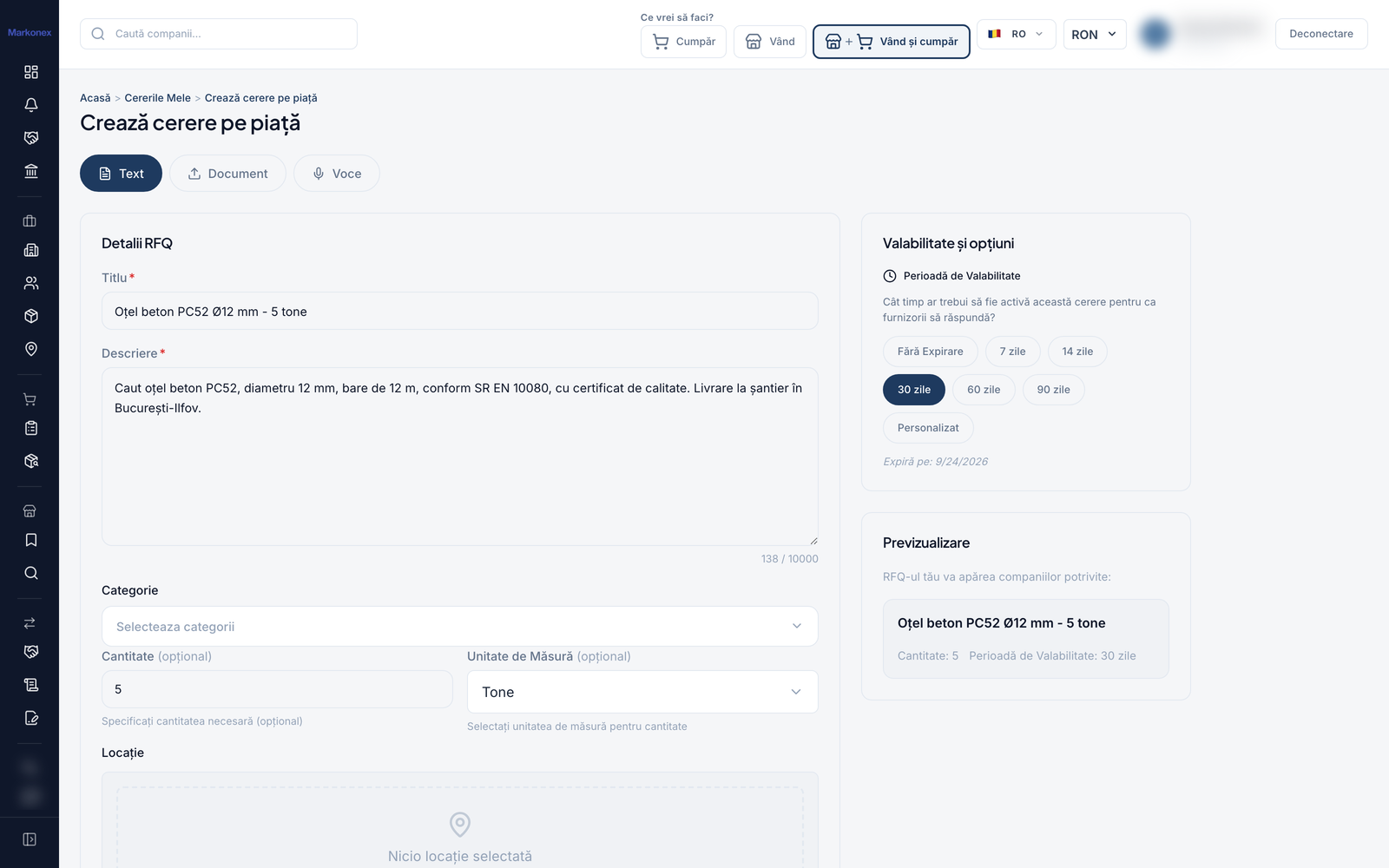 Real screenshot from the Markonex B2B platform - Create RFQ