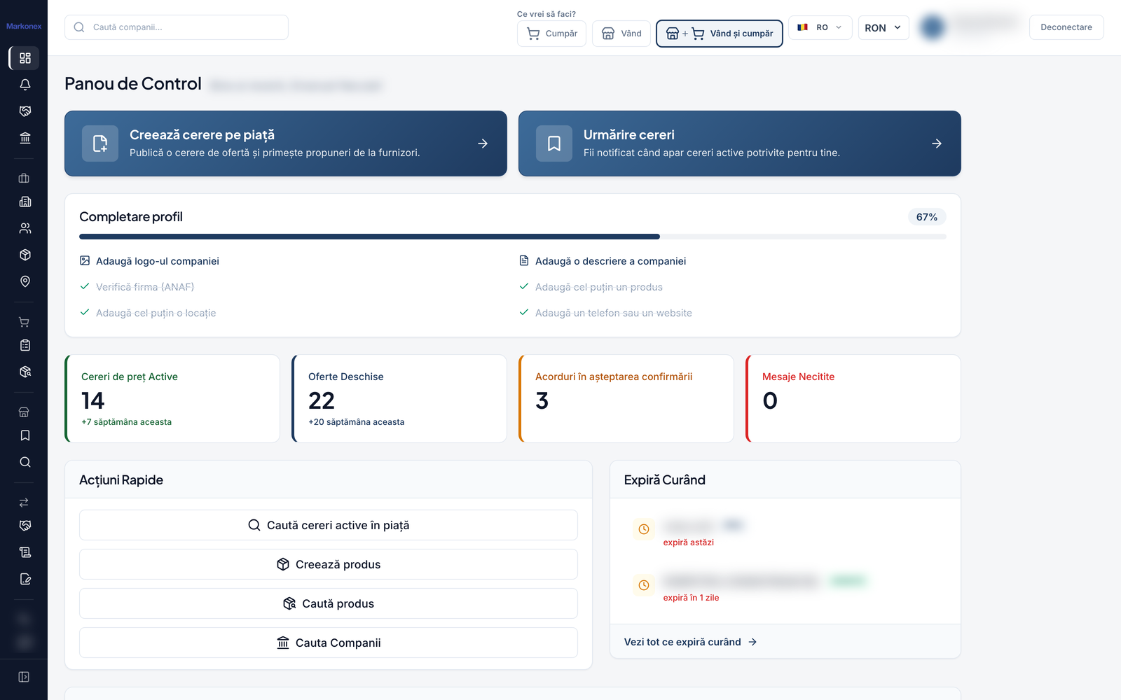 Real screenshot from the Markonex B2B platform - Dashboard