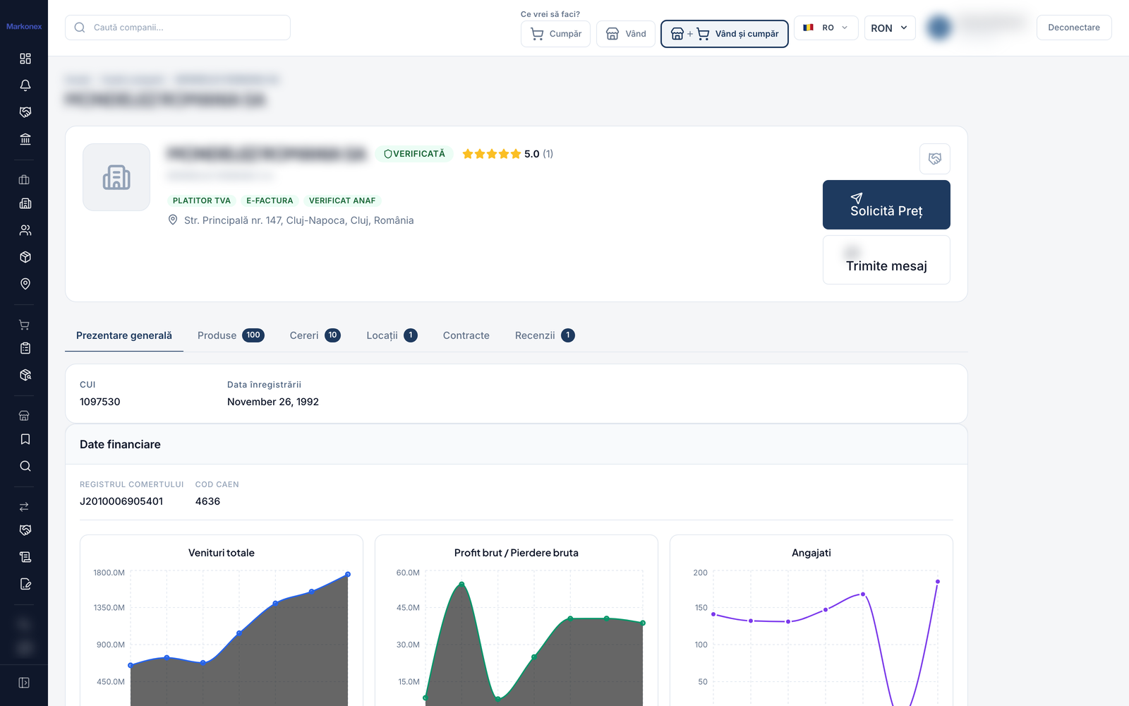 Real screenshot from the Markonex B2B platform - Company financials