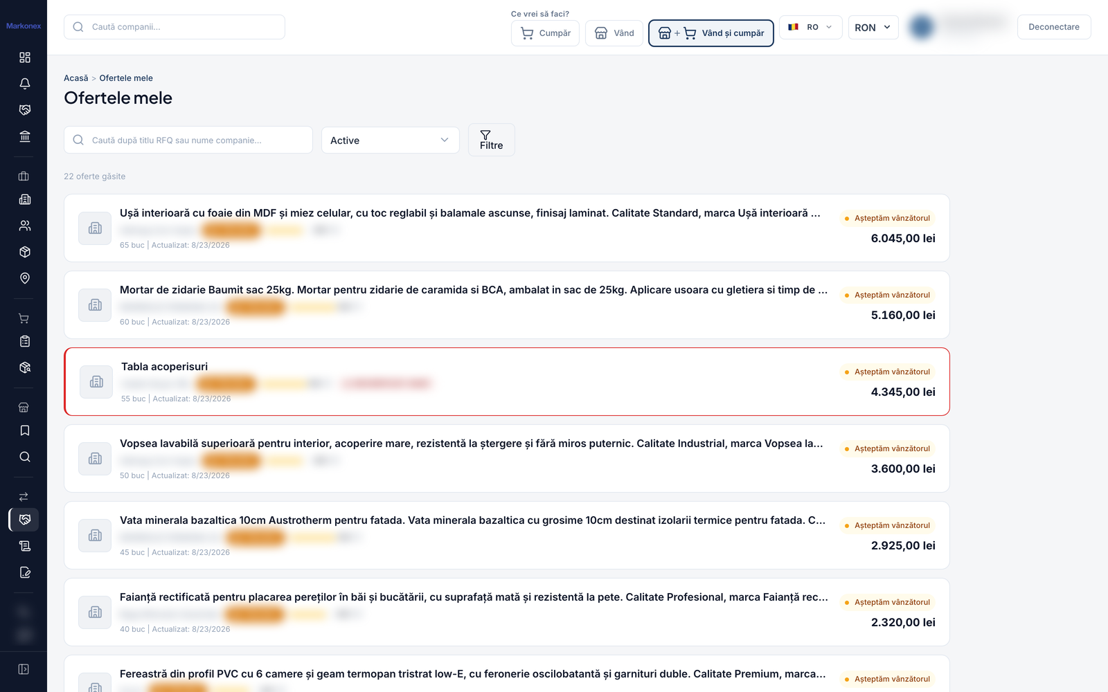 Real screenshot from the Markonex B2B platform - Negotiation