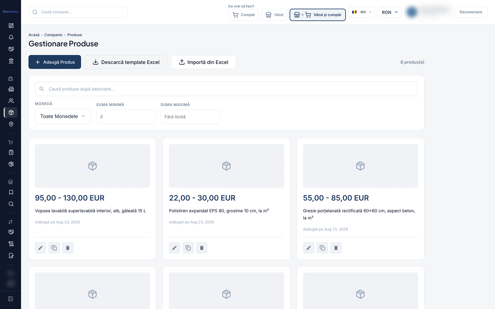 Real screenshot from the Markonex B2B platform - Product catalog