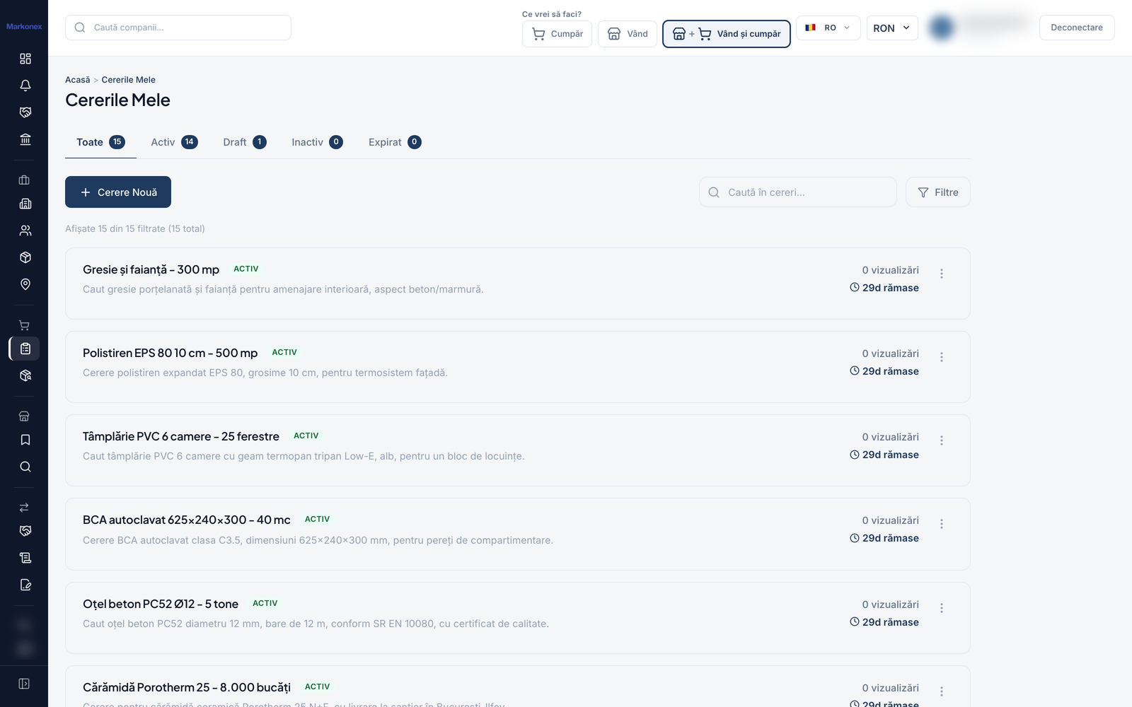 Real screenshot from the Markonex B2B platform - RFQ